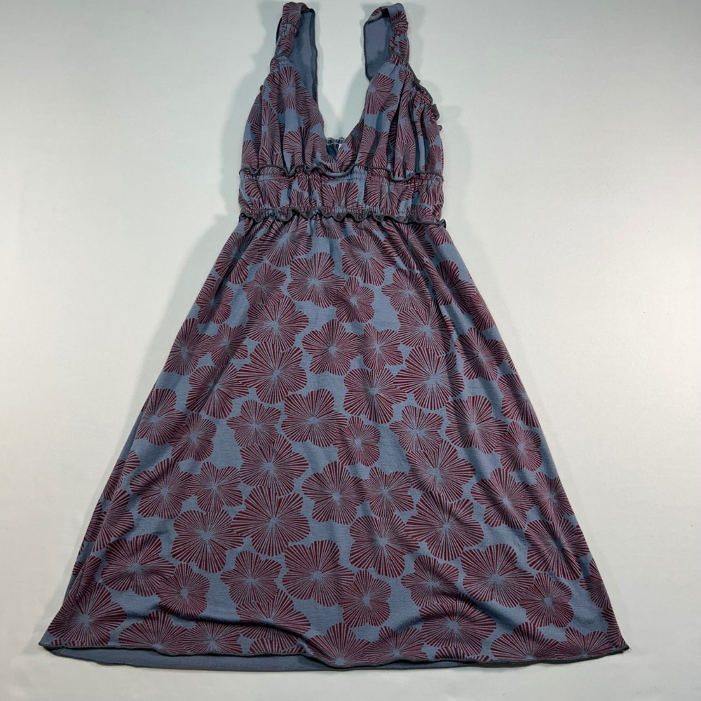 Lucy Love Stella Dress Blue Burgundy Floral Smocked‎ Empire Waist V-Neck Small